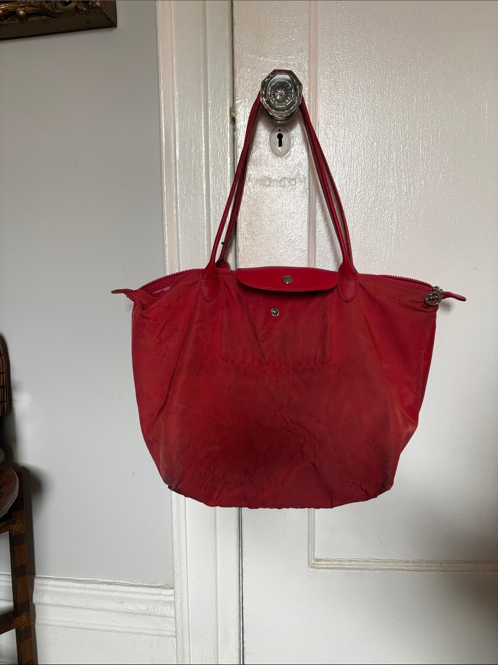 Longchamp Red Nylon Le Pliage Tote with Top Flap